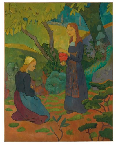 Joven bretona con olla bermellón y niña arrodillada de Paul Sérusier