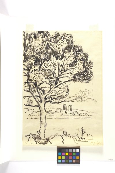 Antibes, Pin Pignon Au Premier Plan (Antibes, Pino Paraguas En Primer Plano) (dibujo a tinta negra con lápiz negro sobre papel tejuelo color canela) de Paul Signac