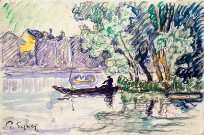 Pescador en un bote cerca de una orilla del Sena de Paul Signac