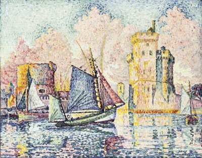 Barco atunero entrando en el puerto de La Rochelle, puesta de sol, 1927 de Paul Signac