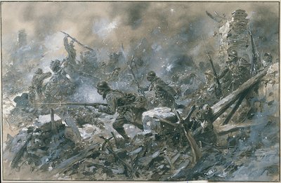 Primera Guerra Mundial (1914-1918): "Un contraataque en el pueblo de Vaux en 1916 en el frente de Verdún" Acuarela de Paul Thiriat París. Musee, Des deux guerre mondiale DR - Contraataque francés en el pueblo de Vaux, cerca de Verdún de Paul Thiriat