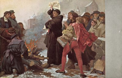 Martín Lutero quemando la bula papal que lo amenazaba con excomunión ante el Elstertor en Wittenberg, Alemania, 10 de diciembre de 1520 de Friedrich Paul Thumann