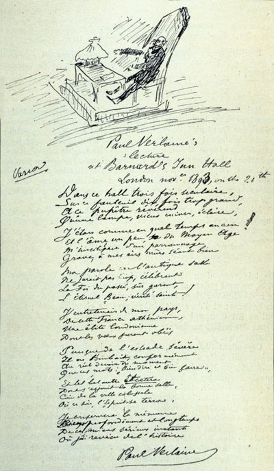 Poema del poeta francés Paul Verlaine (1844-1896) con un boceto del representante durante una lectura. 21/11/1893 de Paul Verlaine