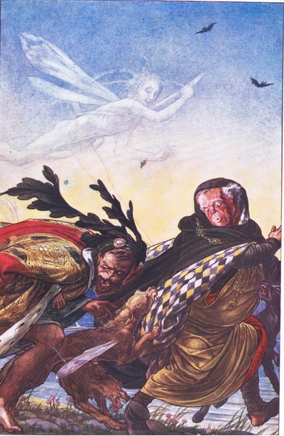 ¡Furia! ¡Furia! Ahí, tirano, ahí ¡Escucha! ¡Escucha!, ilustración de La Tempestad, 1908 de Paul Vincent Woodroffe