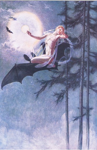 En la espalda de los murciélagos vuelo, ilustración de La Tempestad, 1908 de Paul Vincent Woodroffe