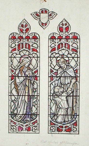 Diseños de ventanas que representan a Santa María Magdalena y Cristo con San Pedro para la Iglesia Parroquial de Claverton de Paul Vincent Woodroffe