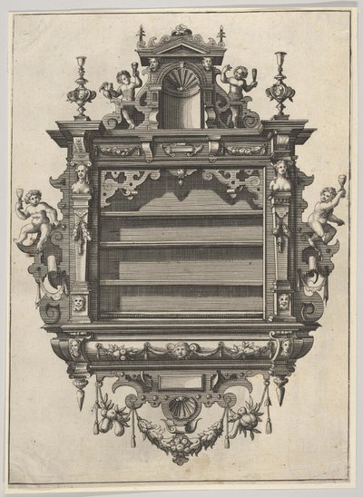 Unidad de estantería montada en la pared de Verscheyden Schrynwerck... [Plusieurs Menuiseries...] de Paul Vredeman de Vries