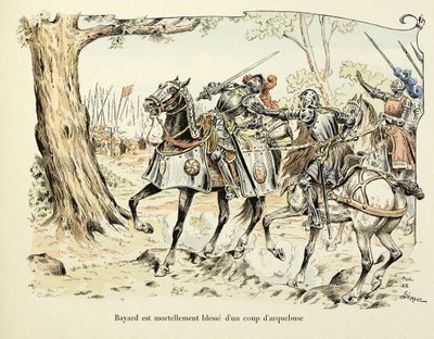 Ilustración tomada del libro “Historia del caballero Bayard” de Theodore Cahu, ilustrada por Paul De Semant (1855-1915): Bayard hiere mortalmente con un disparo de arcabuz 1524 de Paul de Semant