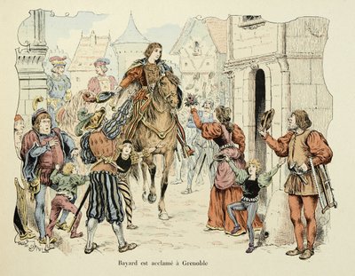 Ilustración del libro “Histoire du chevalier Bayard” de Theodore Cahu, ilustrado por Paul De Semant: Bayard aclamado en Grenoble de Paul de Semant