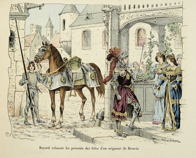 Ilustración tomada del libro "Histoire du chevalier Bayard" de Theodore Cahu, ilustrada por Paul De Semant (1855-1915): Bayard rechazando los regalos de las hijas de un señor de Brescia en 1512 de Paul de Semant