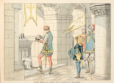 Ilustración tomada del libro "Juana de Arco" de Theodore Cahu e ilustrada por Paul De Semant (1855-1915): Juana de Arco deposita su armadura en la tumba de San Denis de Paul de Semant