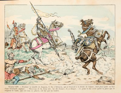 Ilustración tomada del libro “Juana de Arco” de Theodore Cahu e ilustrada por Paul De Semant (1855-1915): 12 de junio de 1429 El Señor de Lude muere por una bala durante la Batalla de Jargeau ante Juana de Arco de Paul de Semant