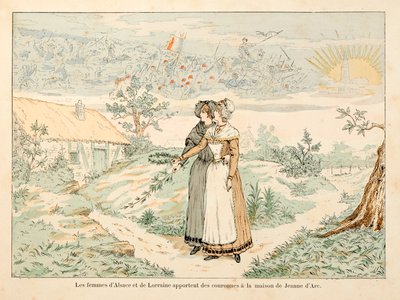 Ilustración tomada del libro Juana de Arco de Theodore Cahu e ilustrada por Paul De Semant (1855-1915): Alegoría a la memoria de Juana de Arco; las mujeres de Alsacia y Lorena traen coronas a la casa de Juana de Arco de Paul de Semant