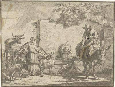 Mujer y hombre en un burro junto a una fuente de agua Paisajes pastorales (título de la serie) de Paul van Somer (II)