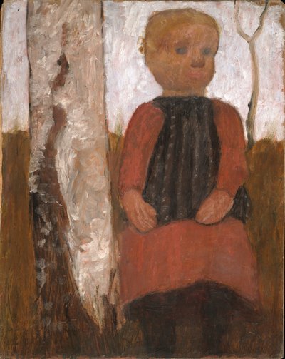 Niño en vestido rojo junto a un tronco de abedul de Paula Modersohn-Becker