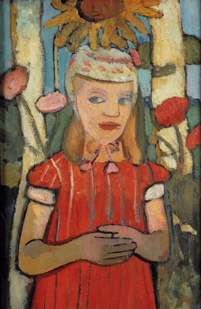 Niña con vestido rojo frente a un girasol, 1907 de Paula Modersohn Becker