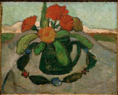Naturaleza muerta con caléndulas frente a paisaje de Paula Modersohn Becker