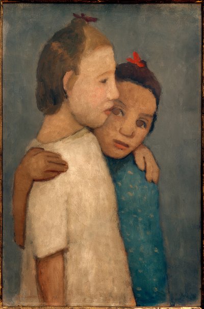 Dos chicas con vestido blanco y azul, apoyadas en la escuela de Paula Modersohn Becker