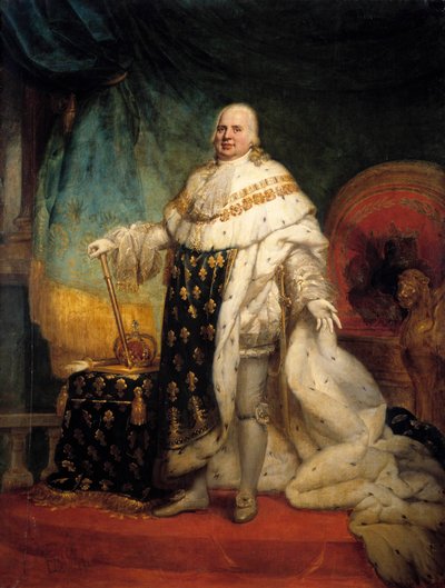 Retrato de cuerpo entero de Luis XVIII (1755-1824) en traje de coronación. Pintura de Jean Baptiste Paulin-Guerin (Paulin Guerin) (1783-1855) 1824 de Paulin Jean Baptiste Guerin