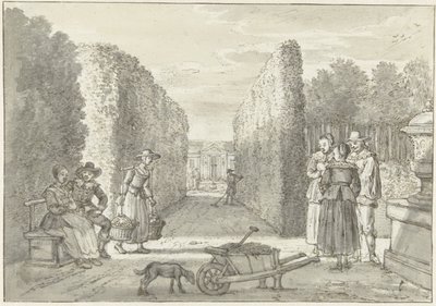 Varias personas en un jardín con setos altos de Paulus Constantijn la Fargue