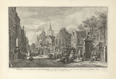 Vista del Mercado Verde Diario en La Haya Vista de Kleyne Groenmarkt, en Hal, el Ayuntamiento y Groote Kerk, en La Haya (título sobre el objeto) Ocho caras en La Haya (título de la serie) de Paulus Constantijn la Fargue