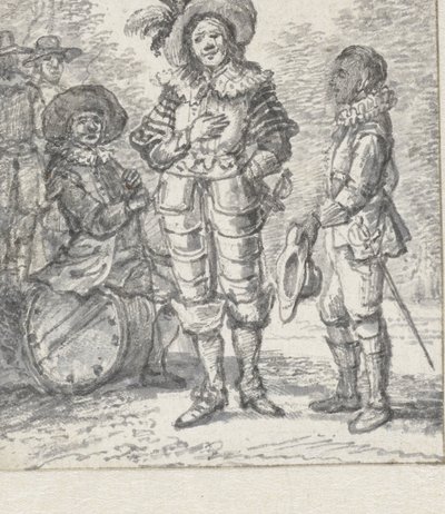 Diseño para una ilustración de un grupo de teatro: dos figuras de pie y una figura sentada de Paulus Constantijn la Fargue