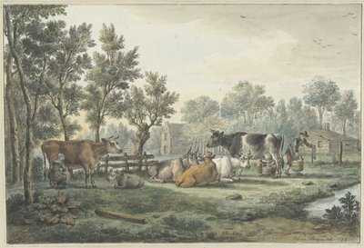 Pradera con vacas siendo ordeñadas de Paulus Constantijn la Fargue