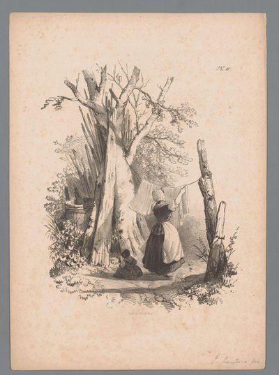 Paisaje con una mujer tendiendo la ropa Estudios de paisaje de Paulus Lauters (título de la serie) Nouvelle suite de 40 études de paysages par P. Lauters (título de la serie) de Paulus Lauters (attributed to)