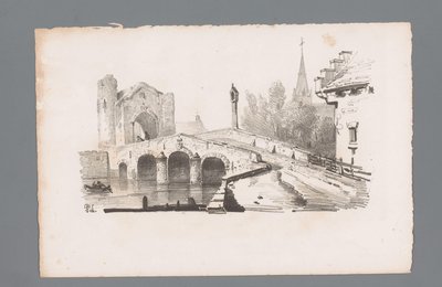 Vista de un puente con puerta, al fondo una iglesia Principios de los paisajes (título de la serie) Principios de paysages (título de la serie) de Paulus Lauters
