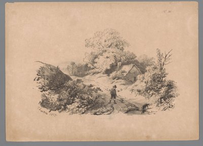 Paisaje con hombre y perro en un camino rural Estudios de paisaje de Paulus Lauters (título de la serie) Nouvelle suite de 40 études de paysages par P. Lauters (título de la serie) de Paulus Lauters