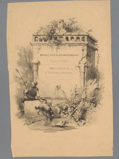 Hombre con perro sentado al borde de una fuente Estudios de paisaje de Paulus Lauters (título de la serie) Nouvelle suite de 40 études de paysages par P. Lauters (título de serie sobre objeto) de Paulus Lauters