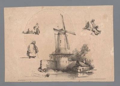 Molino en el agua con estudios de tres figuras alrededor de Paulus Lauters