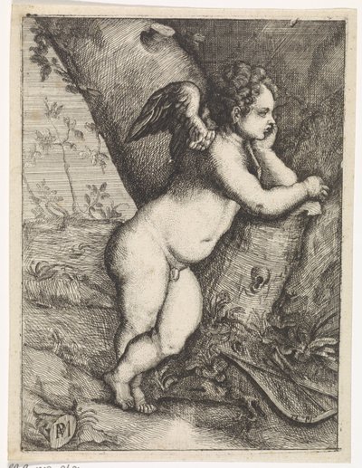 Amor meditando junto al tronco de un árbol de Paulus Moreelse