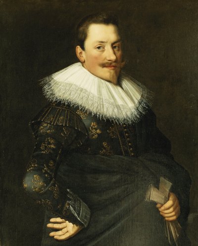 Retrato de un Caballero, Medio Cuerpo, Vestido con un Traje Azul con Bordados Dorados y un Collar de Encaje Blanco de Paulus Moreelse