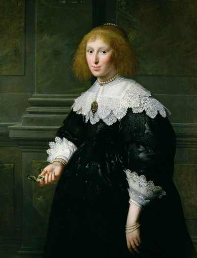 Retrato de una dama sosteniendo un reloj de Paulus Moreelse