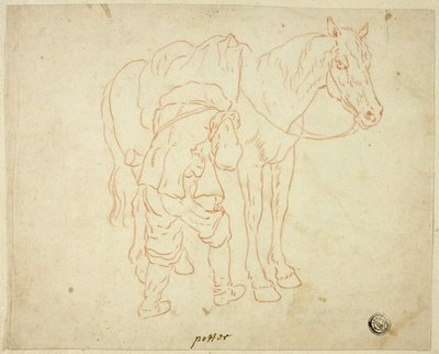 Hombre ajustando la silla en el caballo de Paulus Potter