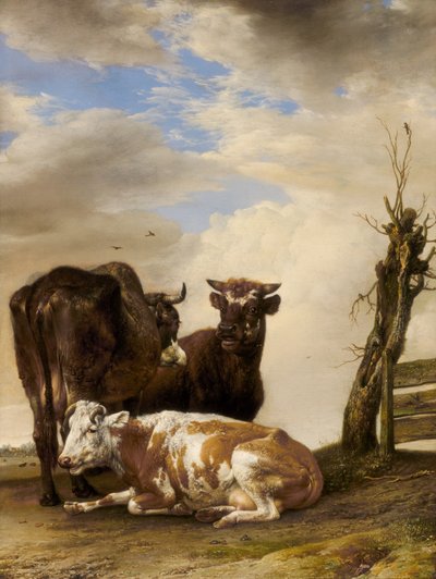 Dos vacas y un toro joven junto a una cerca en un prado de Paulus Potter
