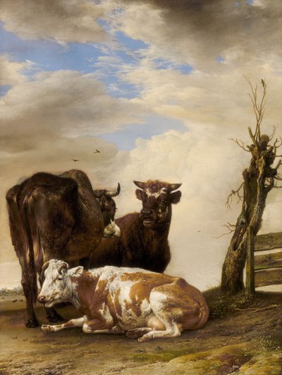 Dos vacas y un novillo junto a una valla en un prado de Paulus Potter