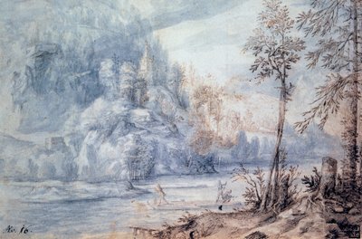 Borde del río con balsa de Paulus van Vianen II