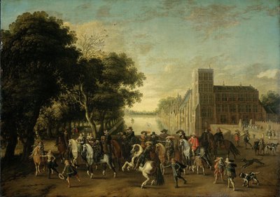 Príncipe Mauricio de Orange acompañado por Federico V y su esposa Isabel Estuardo, Rey y Reina de de Pauwels van Hillegaert