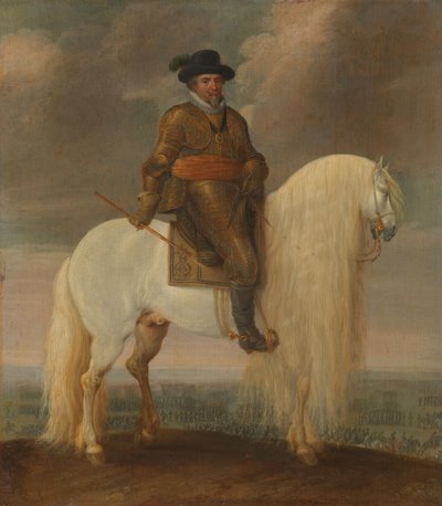 El Príncipe Maurits montado en el caballo de guerra blanco que se le entregó tras su victoria en Nieuwpoort de Pauwels van Hillegaert