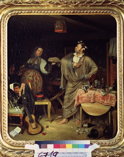 "¡Soy un jinete! (o la mañana del oficial recién condecorado) (Fresh Cavalier (Mañana de un burócrata que recibe su primera cruz) Un soldado en bata lleva su medalla con orgullo en el desordenado apartamento. Pintura de Pavel Fedotov (18 de Pavel Andreevich Fedotov