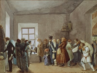 Sala de recepción del comisario de policía la noche antes de un festivo, 1837 de Pavel Andreevich Fedotov