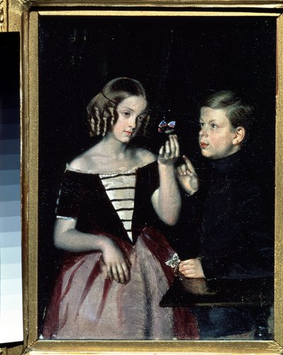 ""Retrato de los dos niños Gerbin contemplando una mariposa"" Pintura de Pavel Fedotov (1815-1852) Circa 1851 Museo Estatal Ruso, San Petersburgo de Pavel Andreevich Fedotov