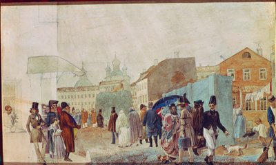 Escena callejera bajo la lluvia en Moscú. Obra de Pavel Andreyevich Fedotov (1815-1852), acuarela sobre papel de Pavel Andreevich Fedotov