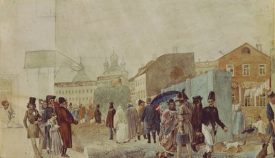Escena callejera en Moscú durante la lluvia, 1837 de Pavel Andreevich Fedotov