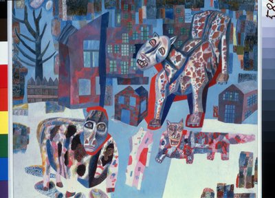 Animales (Animales). Monstruos gigantes que invaden las calles de una ciudad. Obra de Pavel Nikolayevich Filonov (1883-1941), óleo sobre papel de Pawel Nikolajewitsch Filonow