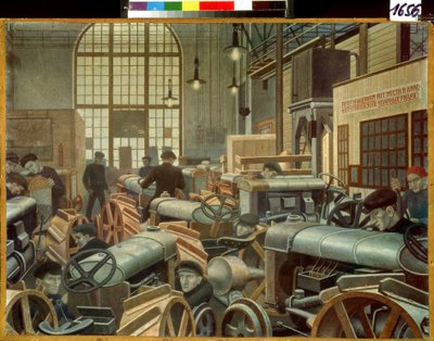 El taller de montaje de tractores en la fábrica de Putilov (San Petersburgo, Rusia) (El taller de montaje de tractores en la fábrica de Putilov). Pintura de Pavel Nikolayevich Filonov (1883-1941), óleo sobre lienzo de Pawel Nikolajewitsch Filonow