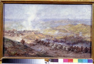Una escena de la guerra ruso-turca (1876-1878). Campo de batalla en los Balcanes, donde se enfrentan los soldados del ejército ruso y del Imperio Otomano, durante el asedio de Pleven (o Plevna, en Bulgaria), en 1877. Pintar de Pavel Osipovich Kovalevsky