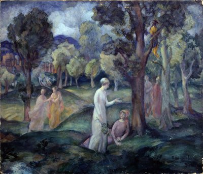 Un paseo por los campos. Una escena de ocio, mujeres jóvenes entre los árboles de las colinas. Obra de Pavel Semiónovich Naumov (1884-1942), óleo sobre tabla de Pavel Semenovich Naumov